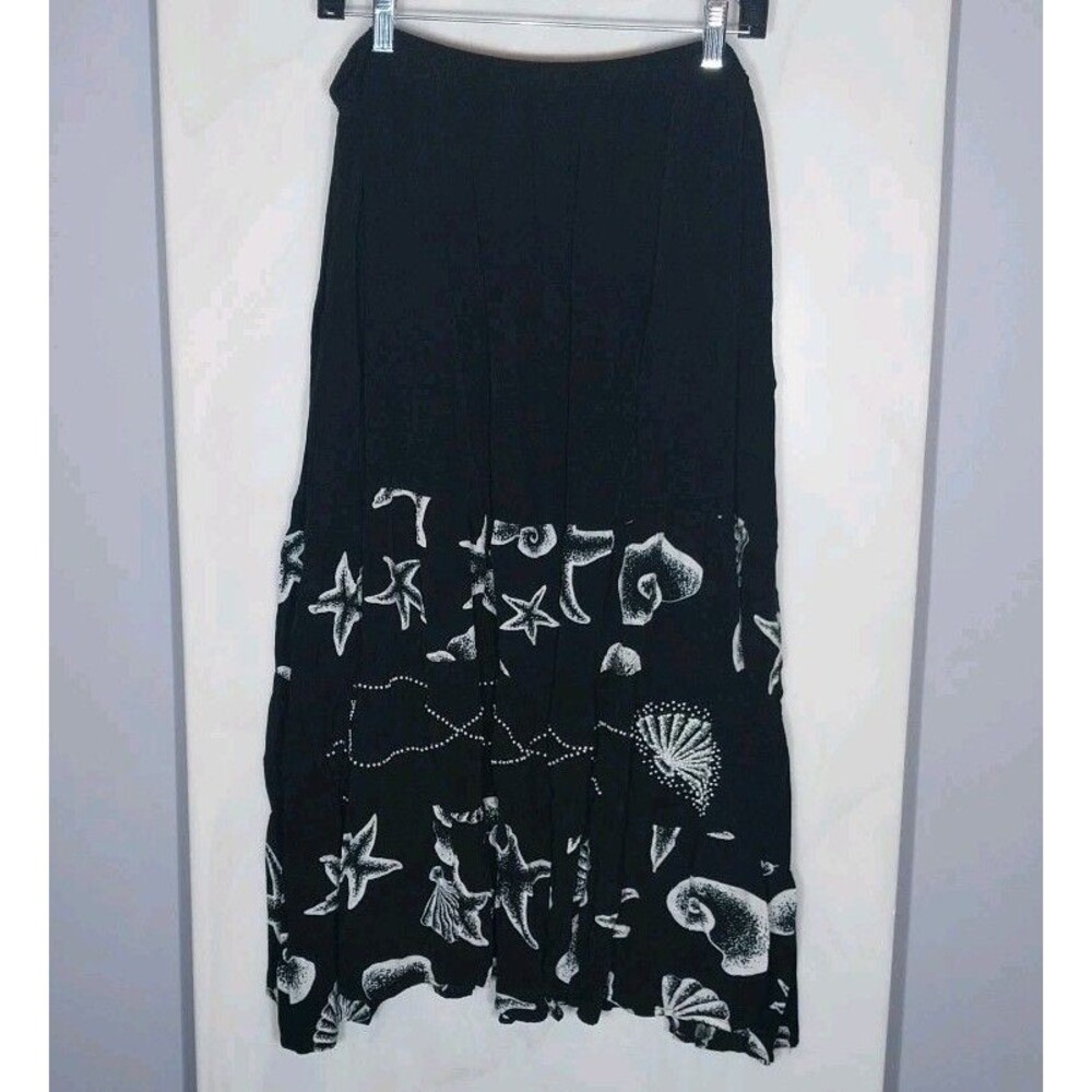 Vintage Black Rayon Tiered Maxi Skirt 1X Beaded Shells Whimsigoth Sea Witch